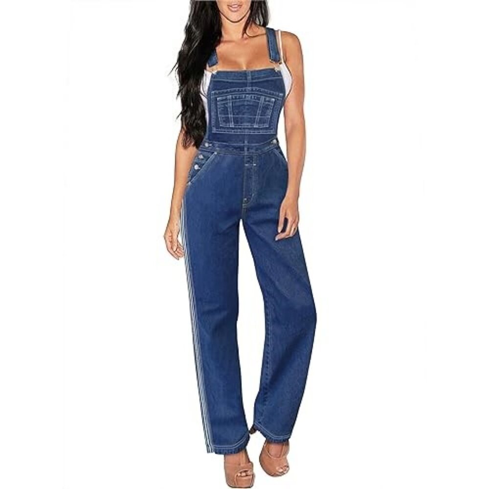 HYBRID & COMPANY Women's Stretch Denim Straight Leg Overall Size XL Medium Wash